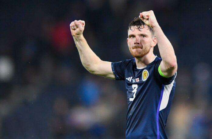 Glasgow, UK. 20th June, 2023. Andy Robertson of Scotland celebrates after winning the UEFA European Championship Qualifying match at Hampden Park, Glasgow. Picture credit should read: Neil Hanna/Sportimage Credit: Sportimage Ltd/Alamy Live News